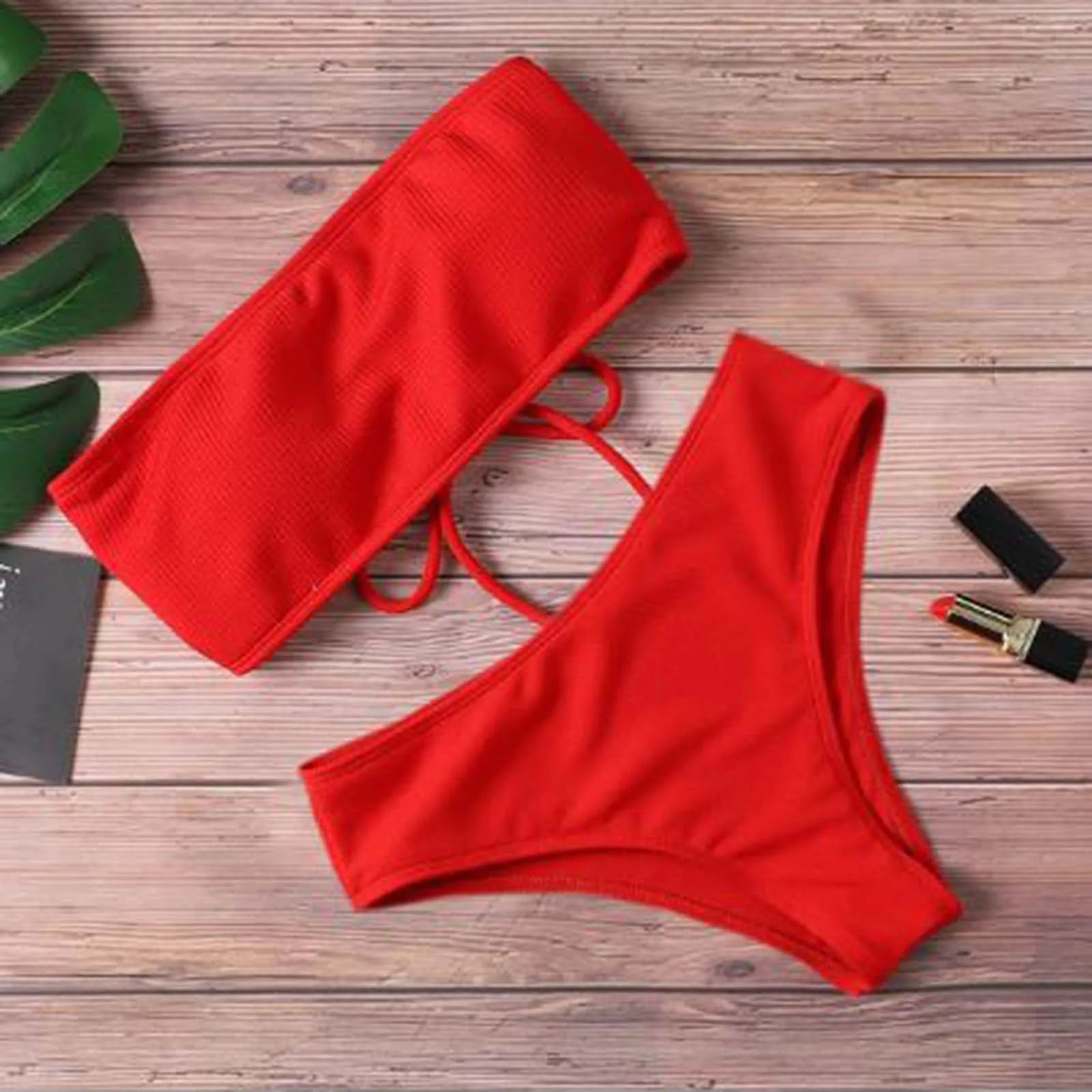 Sexy Red Strapless Bikini Swimsuit Women's Fashion Summer New High Waist Brazilian Swimsuit Sets Lace-up Two Piece Bathing Suit GlowDiva