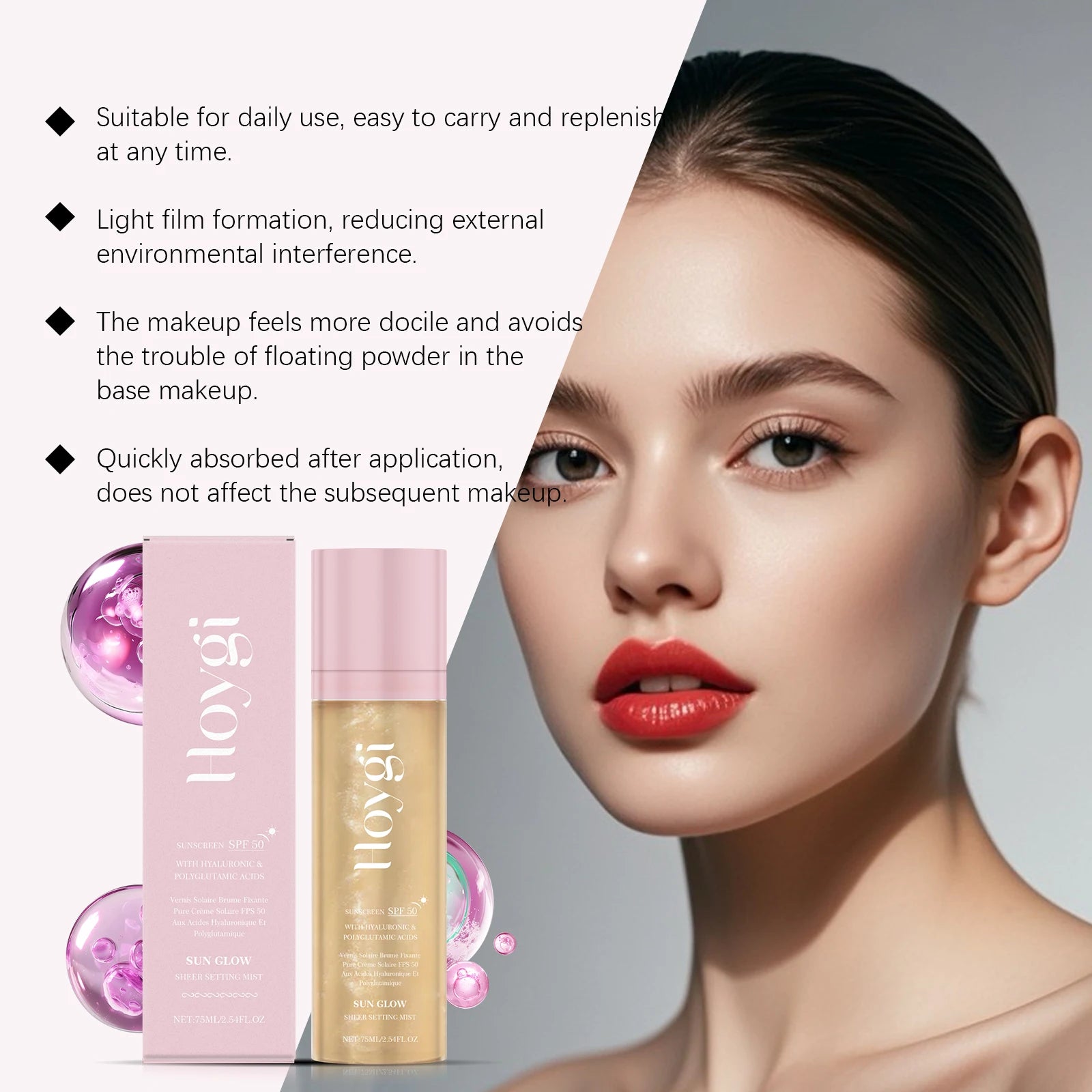 Hoygi 75ml Spf 50+ Setting Facial Spray Sunscreen Oil Control Hydrating Sun Block Mist Lasting Matte Natural Fixer Makeup Spray