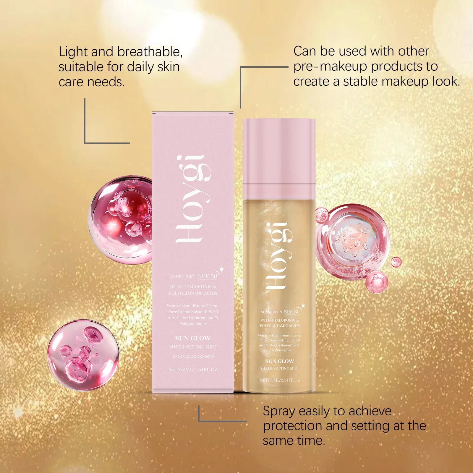Hoygi 75ml Spf 50+ Setting Facial Spray Sunscreen Oil Control Hydrating Sun Block Mist Lasting Matte Natural Fixer Makeup Spray