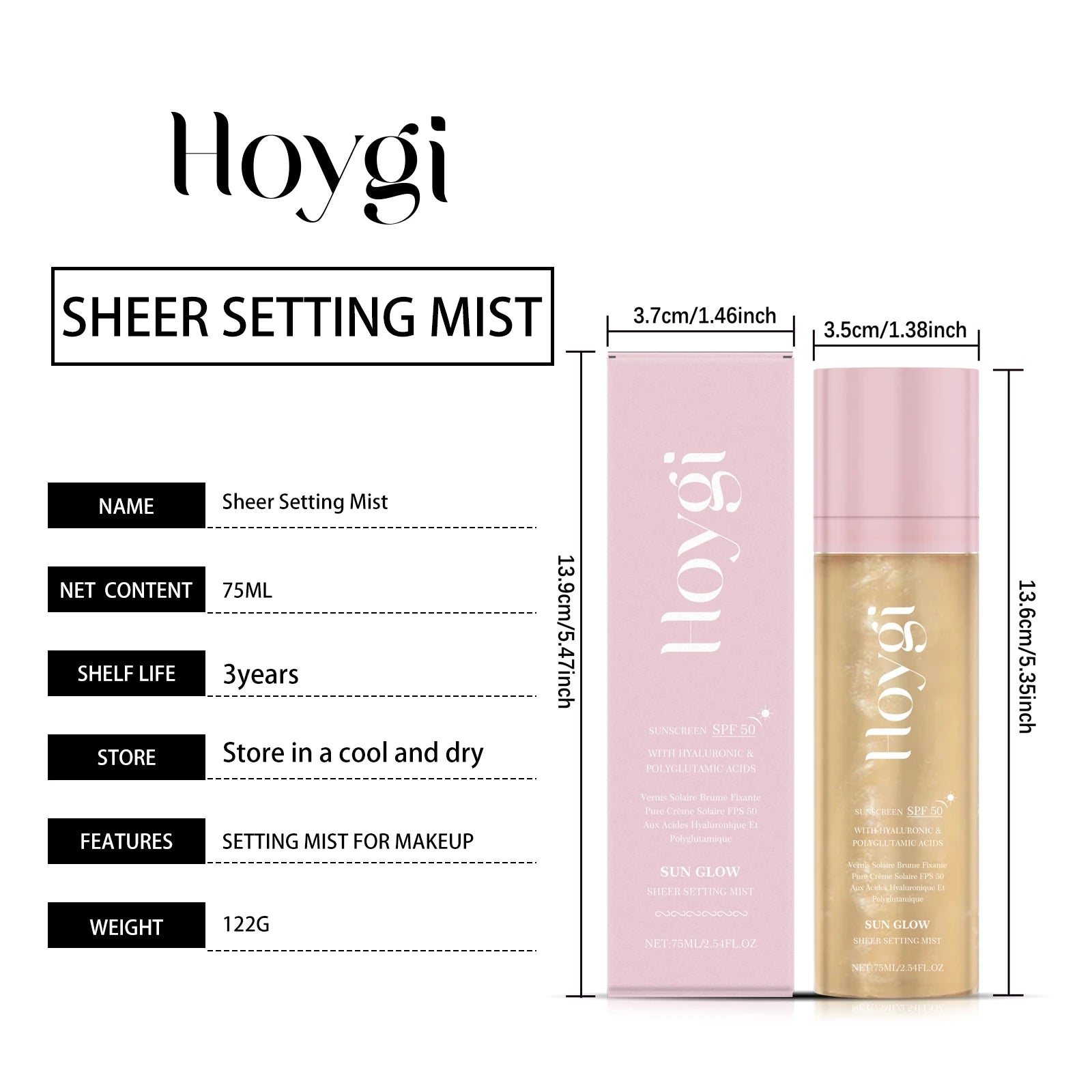Hoygi 75ml Spf 50+ Setting Facial Spray Sunscreen Oil Control Hydrating Sun Block Mist Lasting Matte Natural Fixer Makeup Spray