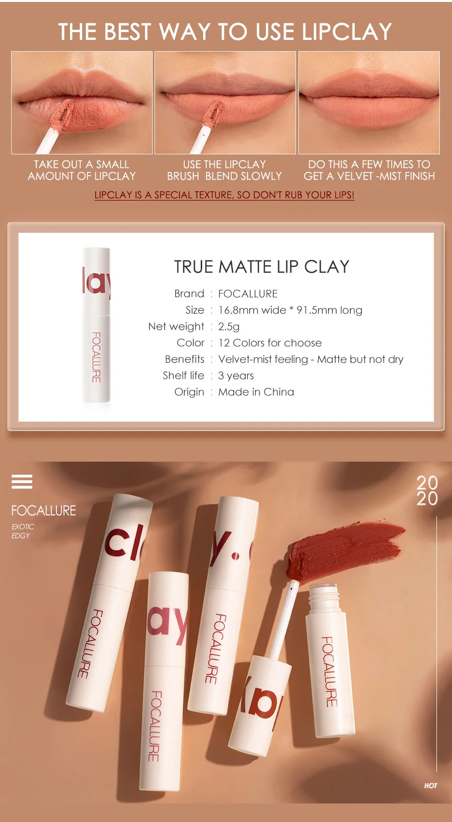 FOCALLURE Lipclay Velvet Liquid Lipstick Waterproof Matte Lipgloss Makeup Lip Color Batom Long Lasting Sexy Red Pink Lipsticks