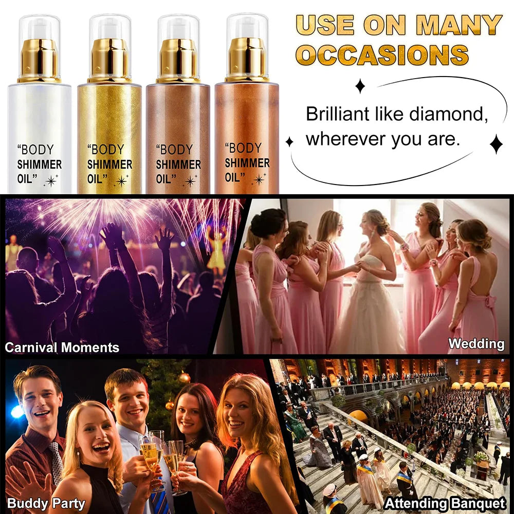 Body Glitter 100ml Body Shimmer Oil Moisturizing Long Lasting Body Luminizer for Face Brighten Shimmer Glow Highlighter Makeup