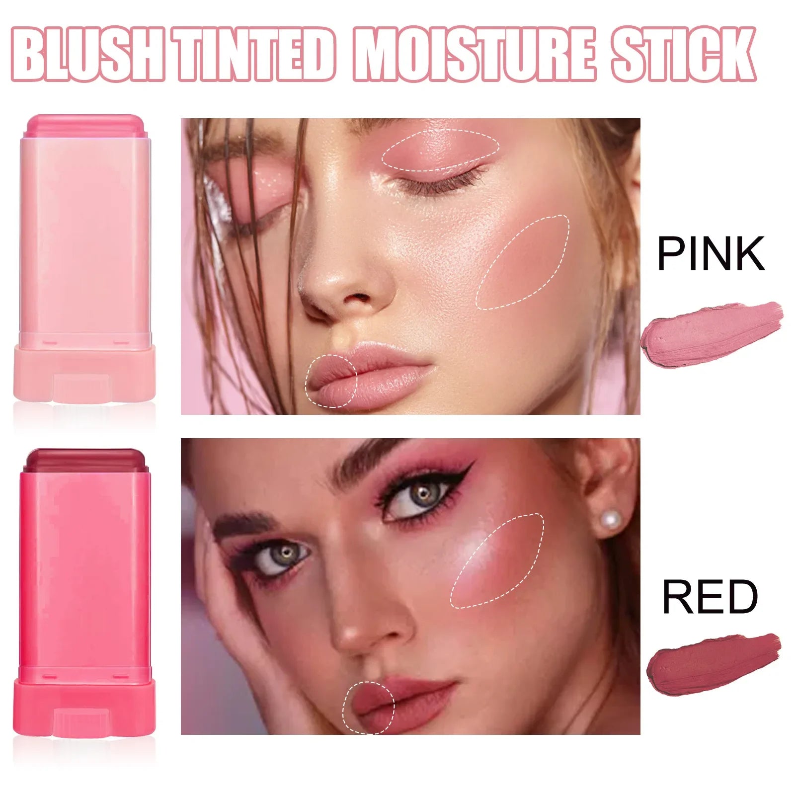 3pcs Red/Pink Silky Matte Pearl Blush Cream Hydrating Lip Waterproof Lasting Cheek Blush Cream Stick Apply Blush Natural Makeup