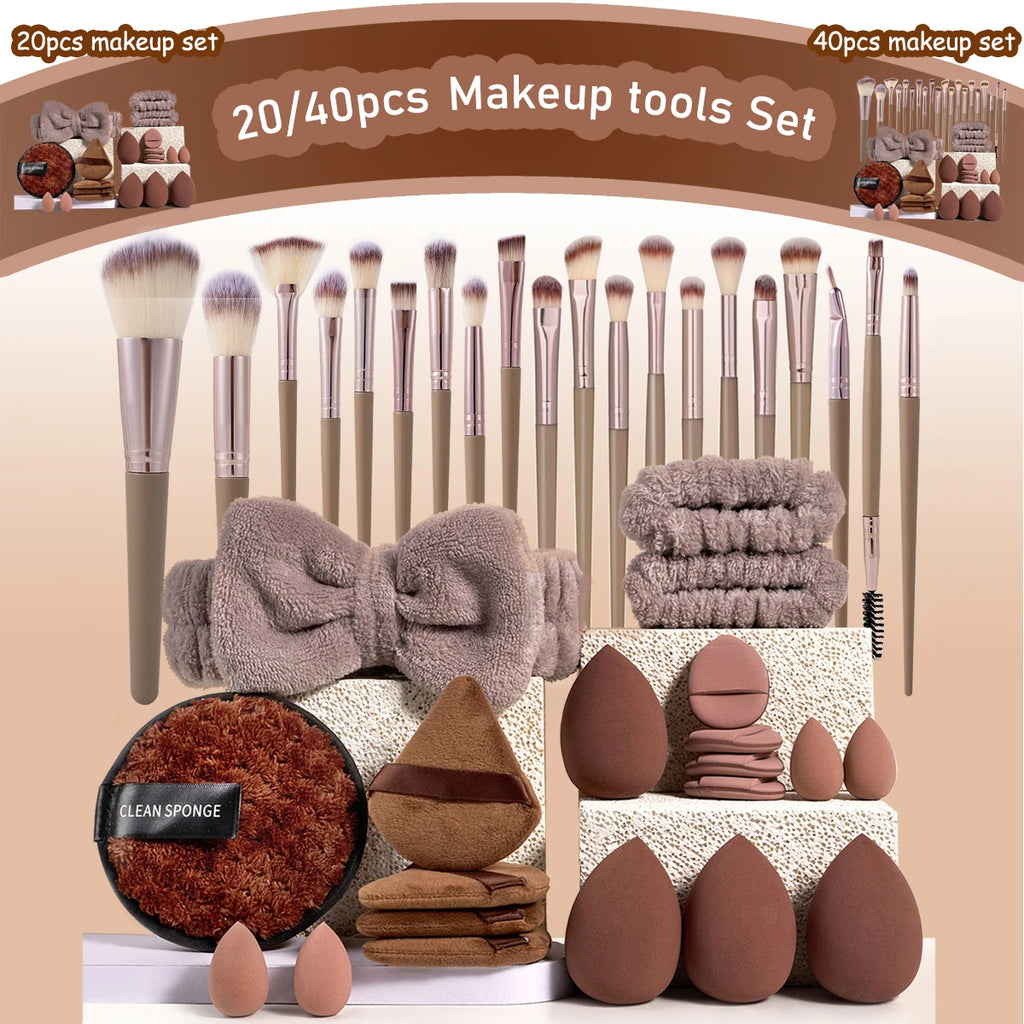 20/40pcs Makeup Brush And Sponge Set Professional Makeup Brush Set Triangle Powder Puff Clean Powder Puff Makeup Tool Set