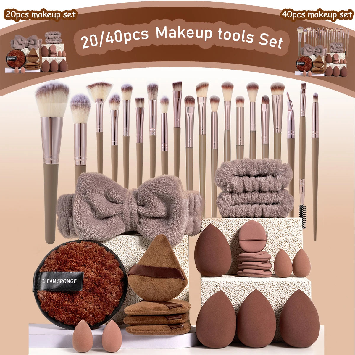 20/40pcs Makeup Brush And Sponge Set Professional Makeup Brush Set Triangle Powder Puff Clean Powder Puff Makeup Tool Set