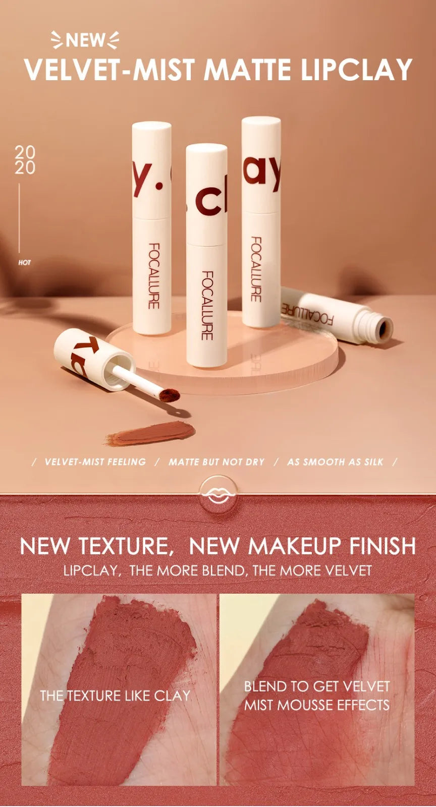 FOCALLURE Lipclay Velvet Liquid Lipstick Waterproof Matte Lipgloss Makeup Lip Color Batom Long Lasting Sexy Red Pink Lipsticks