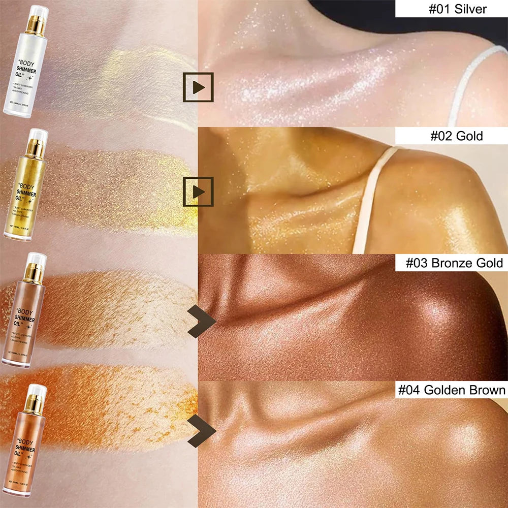 Body Glitter 100ml Body Shimmer Oil Moisturizing Long Lasting Body Luminizer for Face Brighten Shimmer Glow Highlighter Makeup