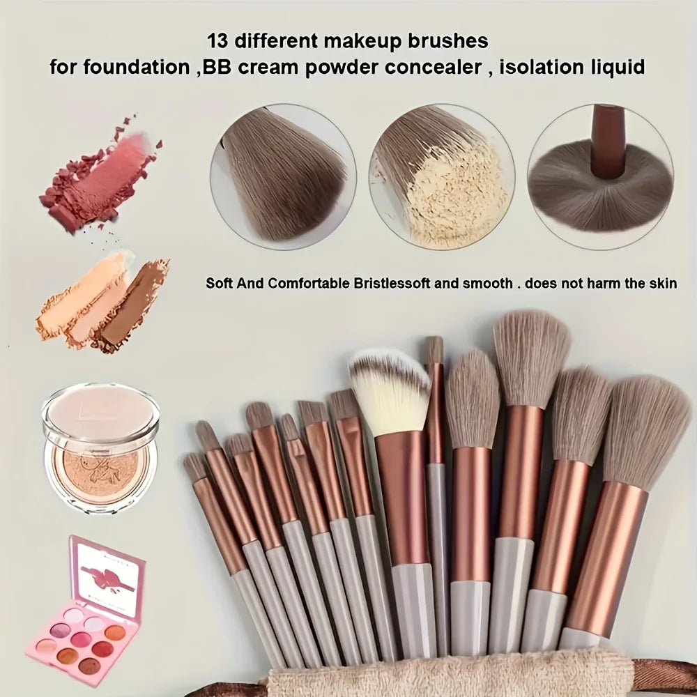 13 makeup brushes+2 puff set with portable storage bag, animal hair makeup brush set, soft and not stiff for beginners