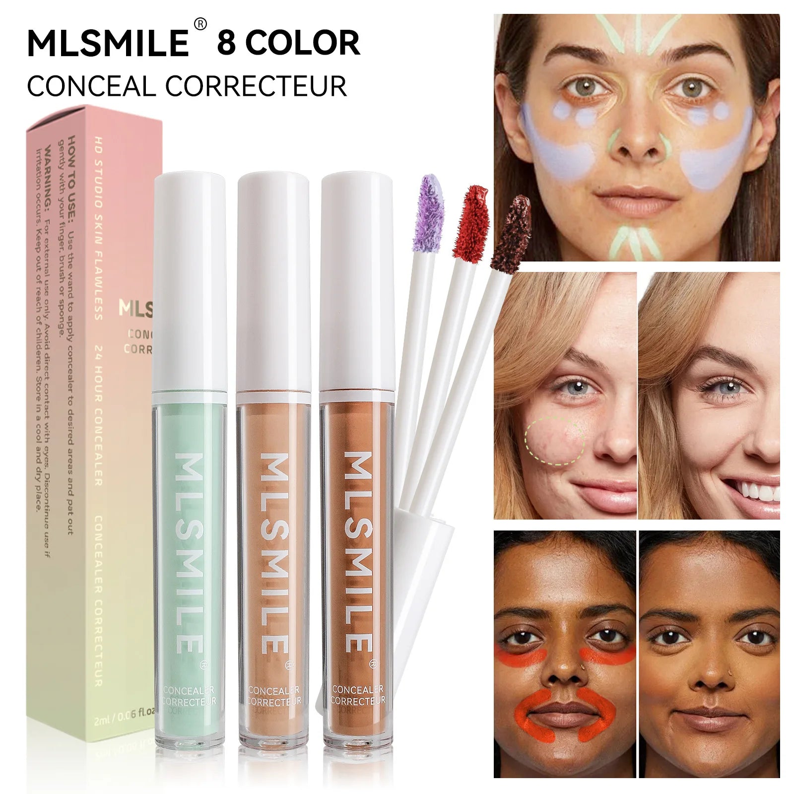 MLSMILE 4 Color Concealer Waterproof Long-lasting Brightening Contouring Mask Dark Circles Tears Gap Toning Liquid Foundation