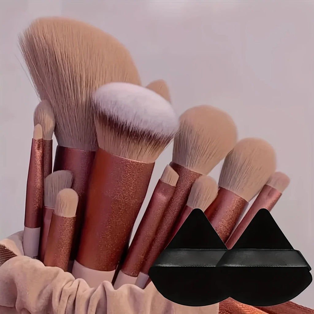 13 makeup brushes+2 puff set with portable storage bag, animal hair makeup brush set, soft and not stiff for beginners