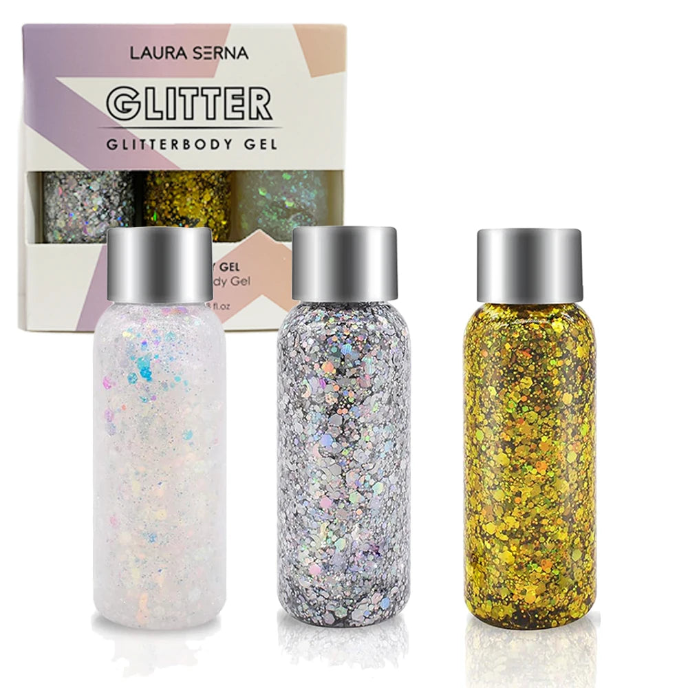 3pcs Body Glitter Gel Face Glitter Makeup Party Festival Glitter Gel Eye Eyeshadow Hair Glitter Gel for Bar Makeup