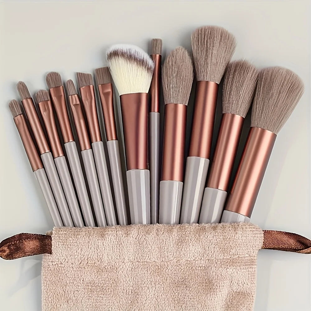 13 makeup brushes+2 puff set with portable storage bag, animal hair makeup brush set, soft and not stiff for beginners