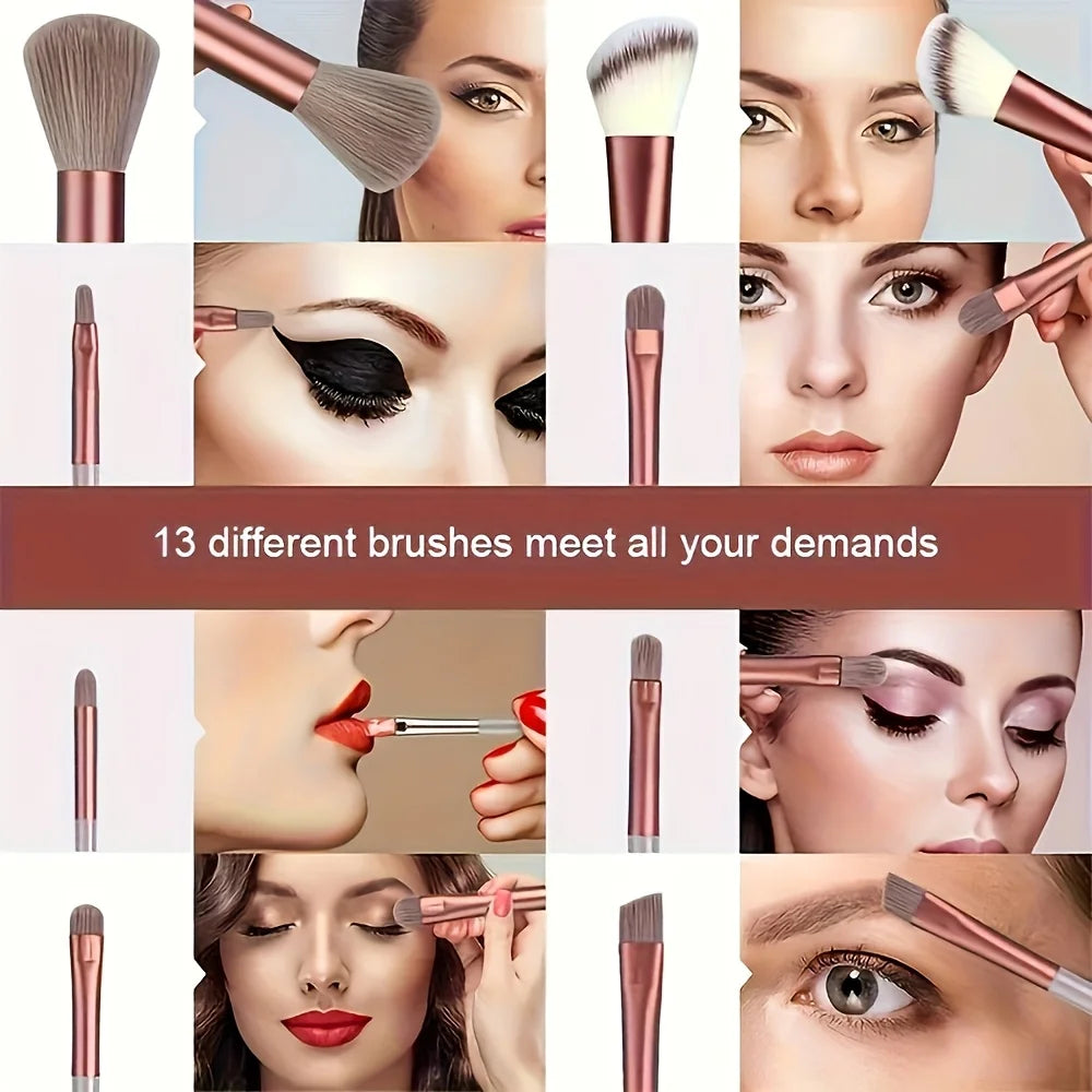 13 makeup brushes+2 puff set with portable storage bag, animal hair makeup brush set, soft and not stiff for beginners