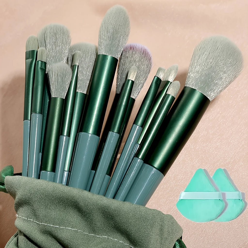 13 makeup brushes+2 puff set with portable storage bag, animal hair makeup brush set, soft and not stiff for beginners