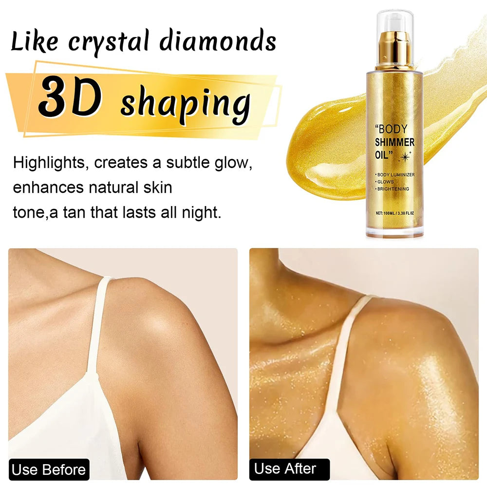 Body Glitter 100ml Body Shimmer Oil Moisturizing Long Lasting Body Luminizer for Face Brighten Shimmer Glow Highlighter Makeup